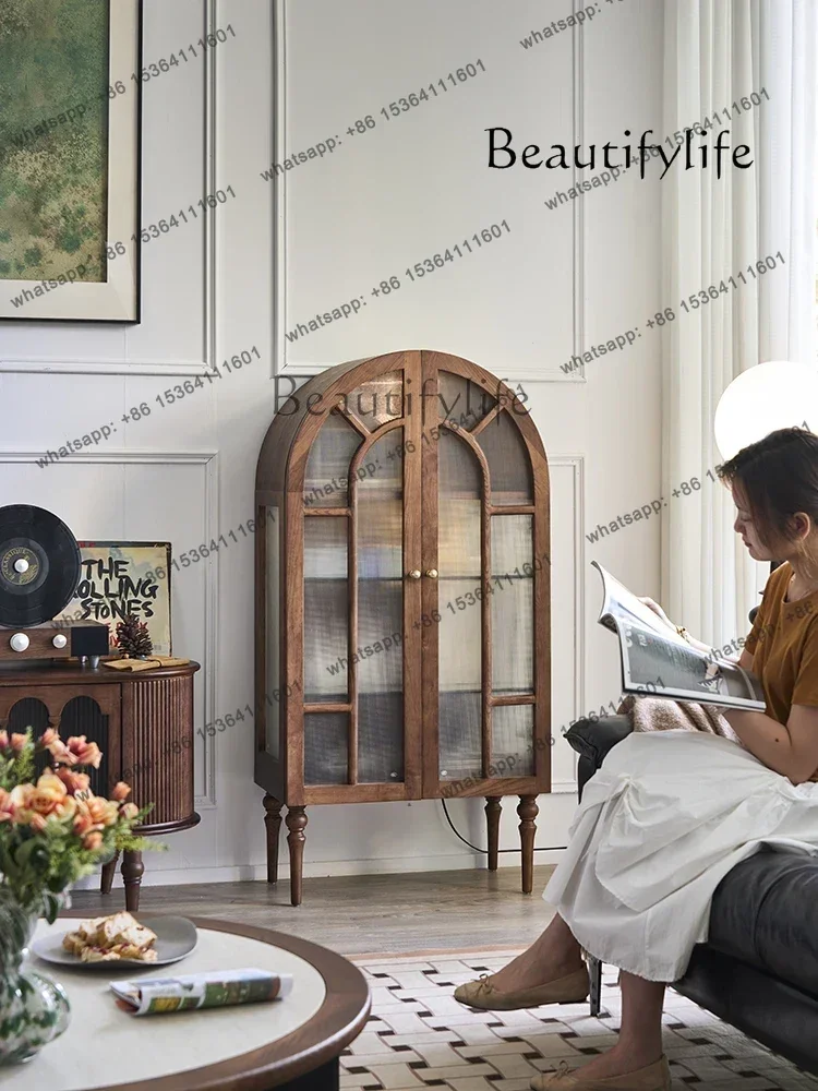 

French Retro Solid Wood Dining Side Cabinet Living Room Display Cabinet Medieval Furniture Glass Side Cabinet Designer