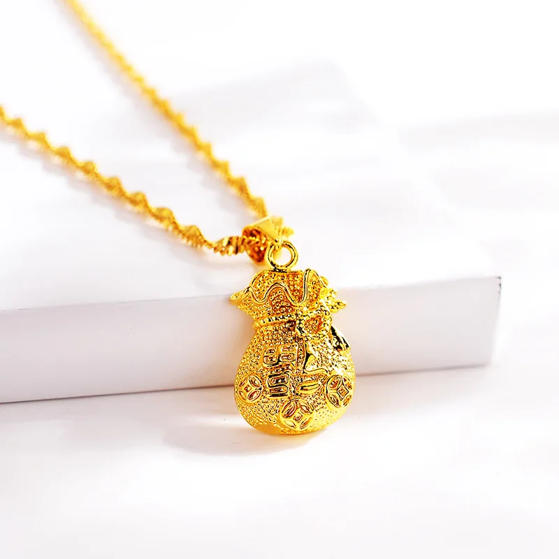 New AU999 gold necklace lucky purse pendant 24K pure gold short necklace temperament ladies rich clavicle chain gift