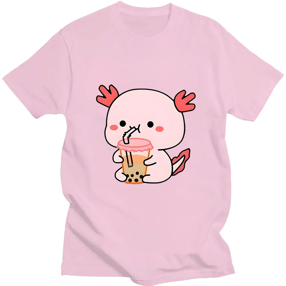 Cute Mochi Peach and Goma Axolotl Boba T-shirt 100% Cotton Clothing Female/Male Fashion Short Sleeve T Shirts Casual Tshirts