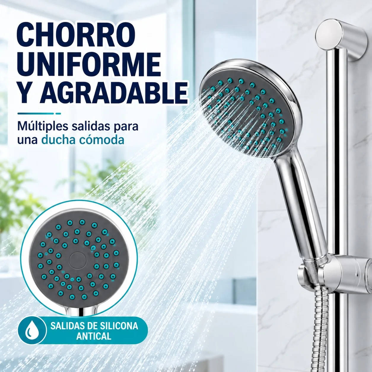 Juego de Alcachofa de Ducha de Mano con Manguera Flexible de 150cm y Soporte de Pared, Cabezal de ABS Cromado con Boquillas de Silicona Antical para Baño y Lavado de Mascotas