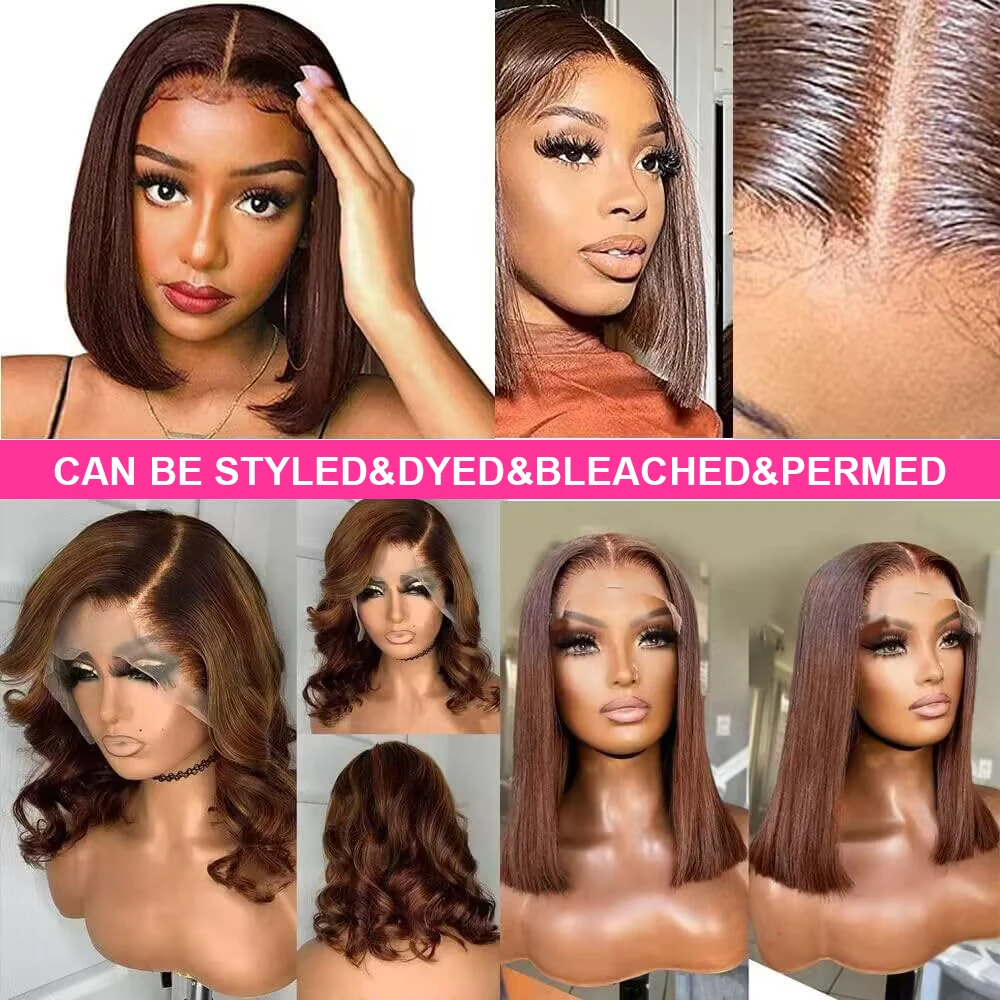 شعر مستعار بوب قصير مستقيم بني شوكولاتة للنساء ، شعر مستعار أمامي بدانتيل عالي الدقة ، شعر بشري ملتف مسبقًا ، لون 13 × 4