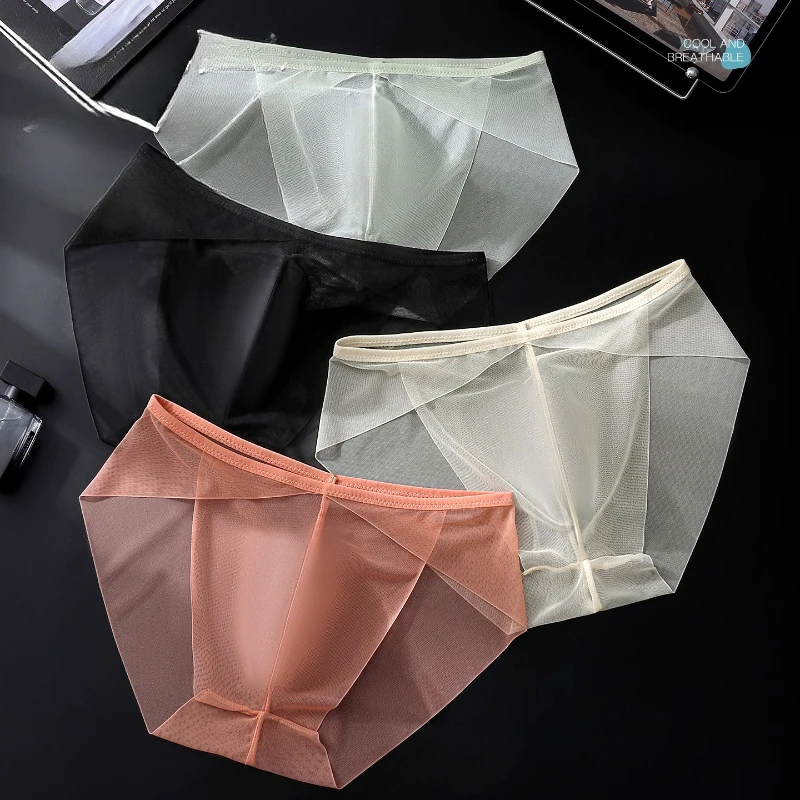 Men's Briefs Invisible Gauze Mesh Underwear Sexy See Through Sissy Lingerie U Convex Pouch Panties Quick-Drying Underpants