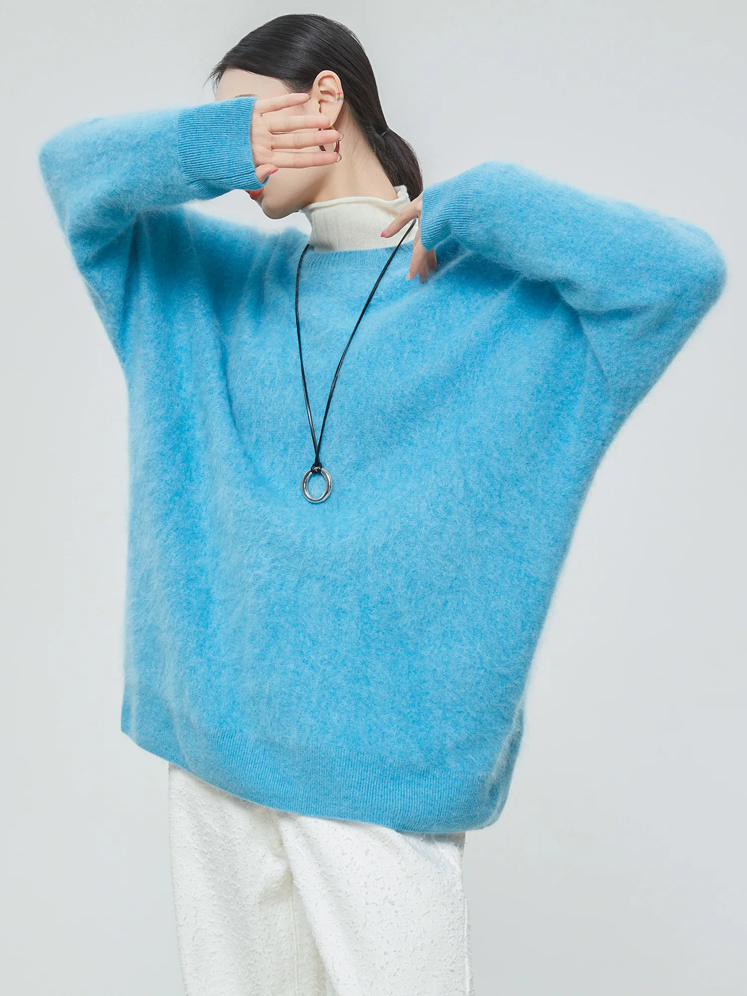 

Dopne Blue Fluffy Knitted Top Women's Loose Lazy Sle Soft round Ne Overhead Sweater Trendy Korean Faion Long Sve