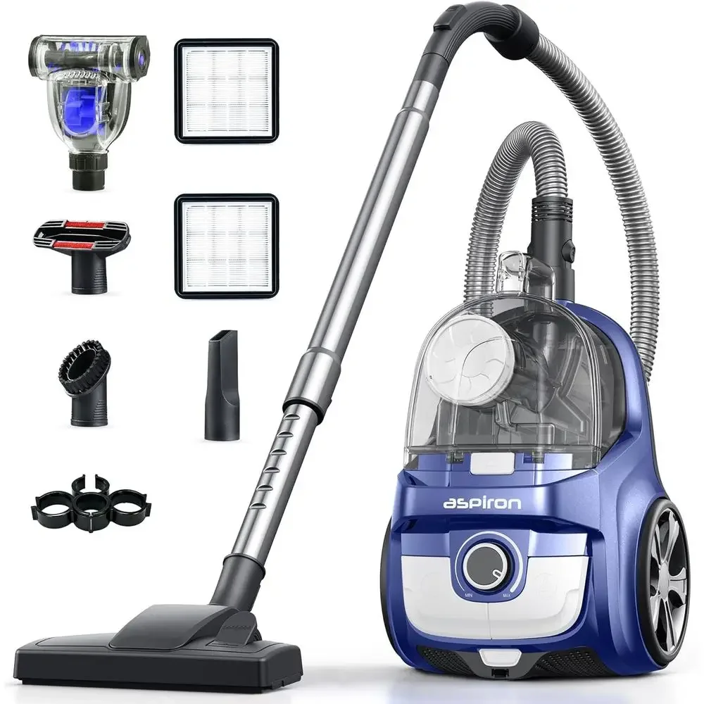 Powerful 1600W Navy Vacuum Cleaner with 40kPa Suction, 4QT Dust Cup, Double HEPA Filter, 5 Attachments