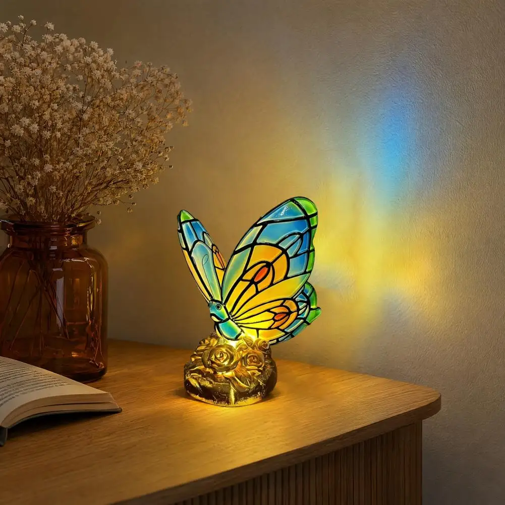 Desk Lamp Warm Light Study Desk Atmosphere Light Cute Butterfly Rose Bedside Table Lamp Stained Glass Wing Shade Nightstand