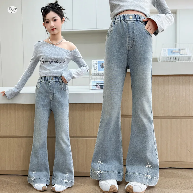 

Vintage Bell Bottom Jeans for Girls Bow Decor Flared Pants Casual Wear for Spring/Autumn Non-Stretch Suitable for Ages 7-14