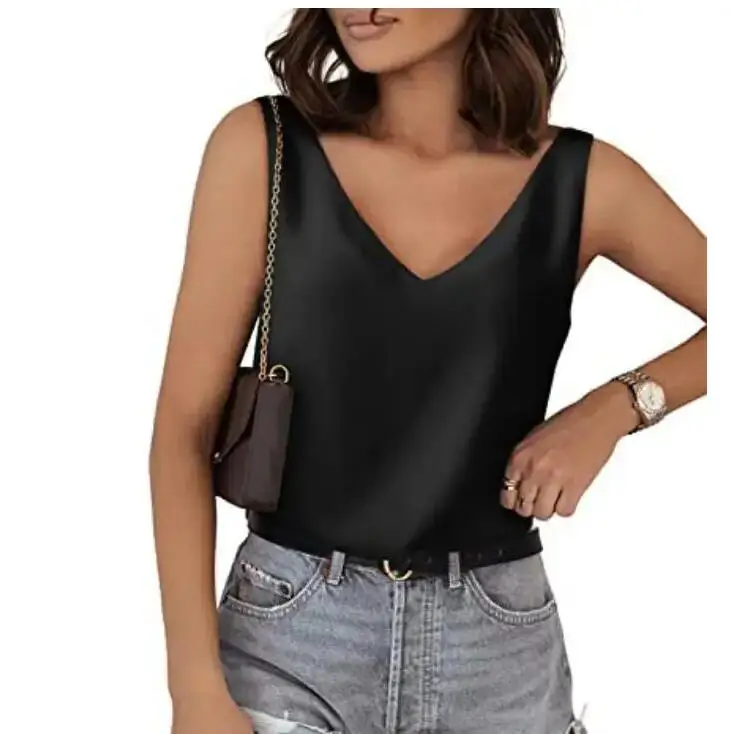 Summer Women Tank Top Tees Sleeveless Silk V Neck Shirts For Women Fashion Loose Tshirts Casual Shirt Pullover