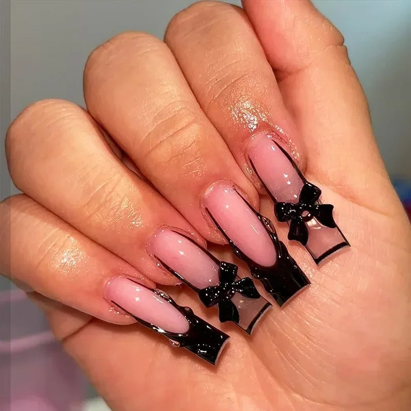 24 piezas de uñas postizas largas cofre francés con pegamento, lazo y diamante, uñas acrílicas press-on negras bailarina, punta de manicura 3