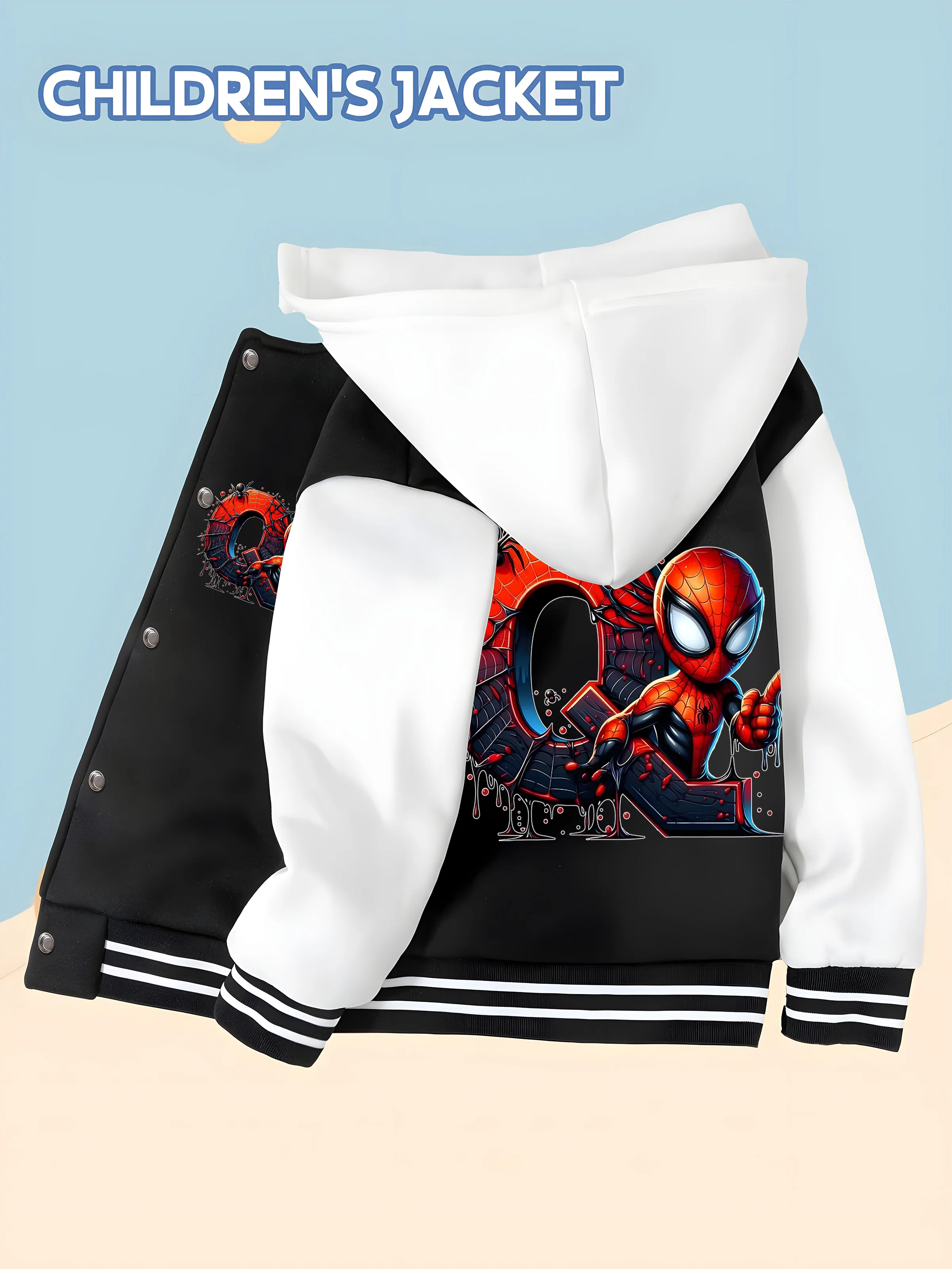 

MINISO Trendy and fun Spider-Man children's baseball uniform with unique color printing, hooded baseball design, trendy and chil