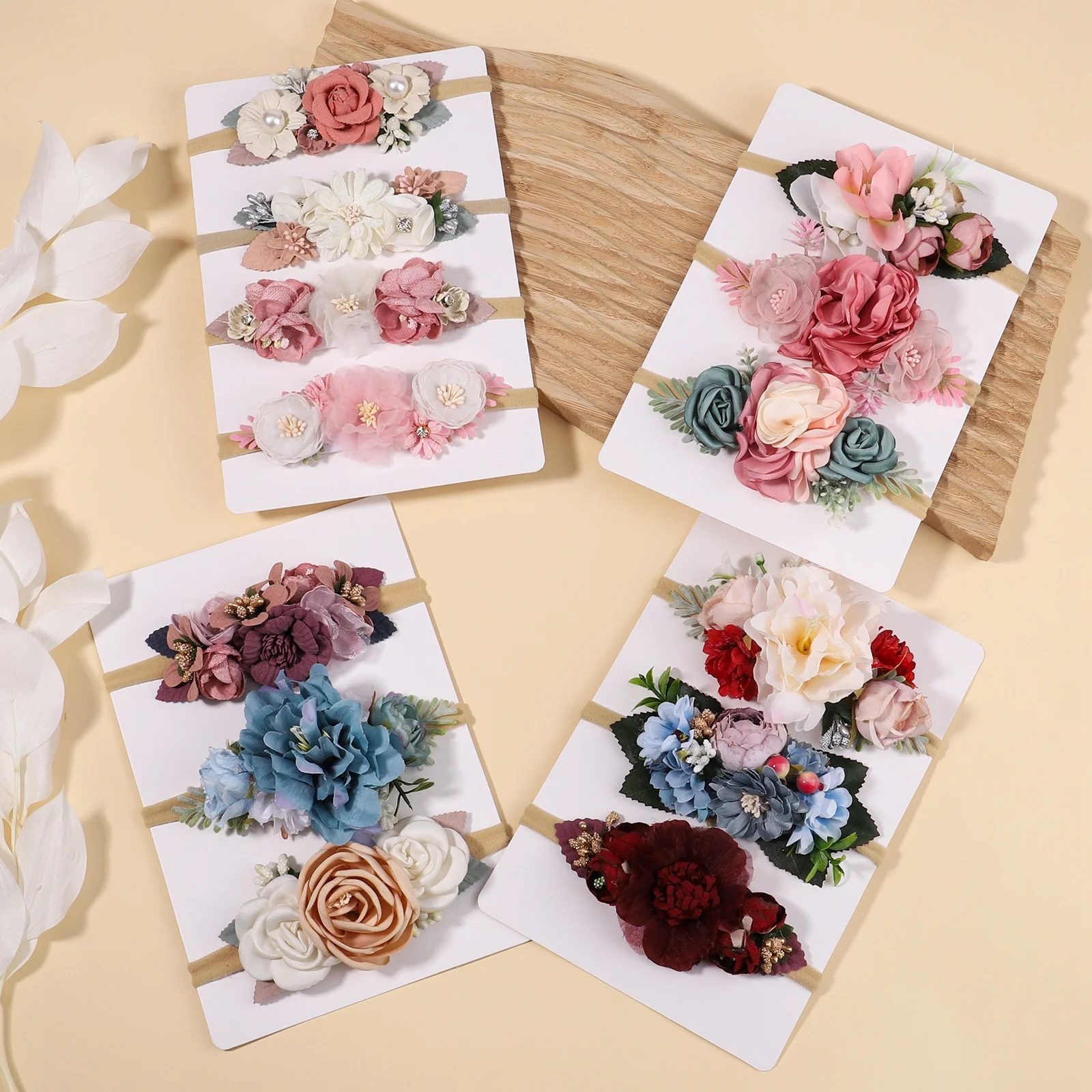 3Pcs Baby Girl's Artificial Flower Headband Set Sweet Wedding Hair Band Floral Toddler Elastic Nylon Headwear Accessories