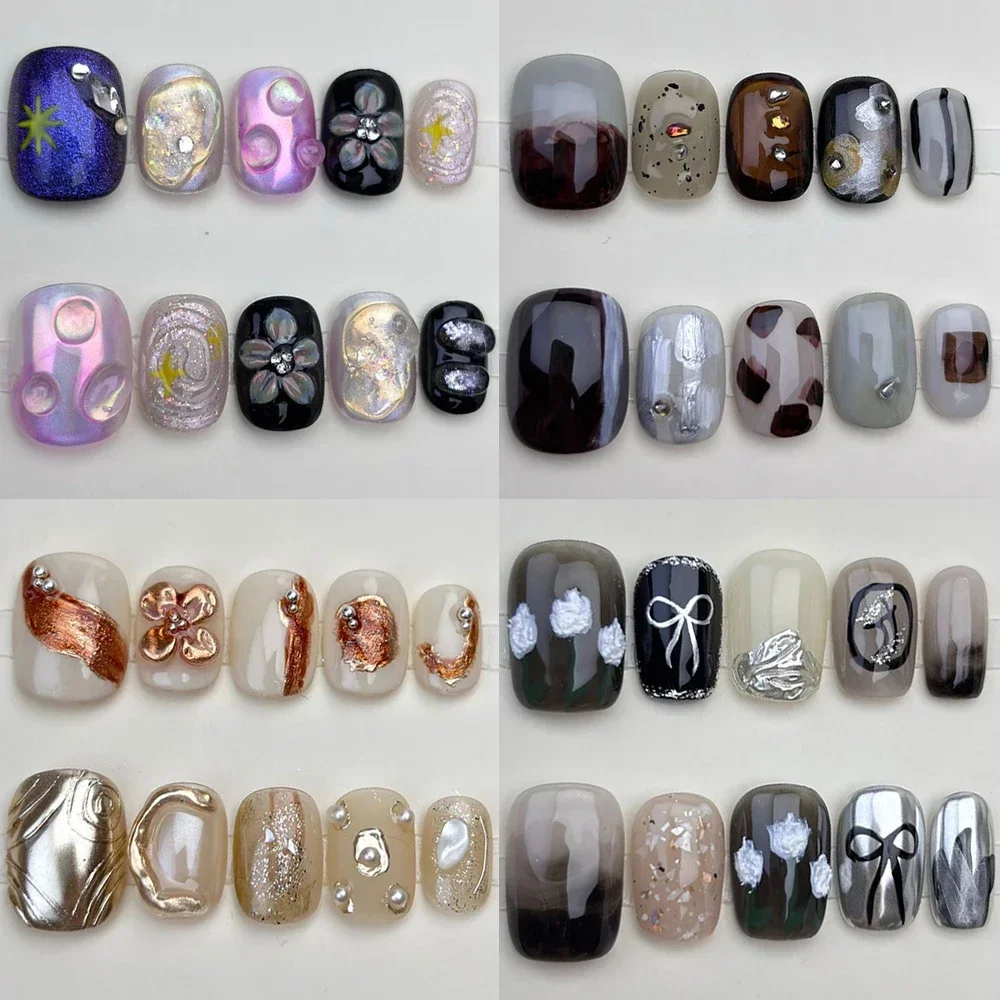 

High Quality Short Square Round Handmade Full Cover Nail Gold Glitter Magic Mirror Powder Diamond Flowers Wearable Fake Nail