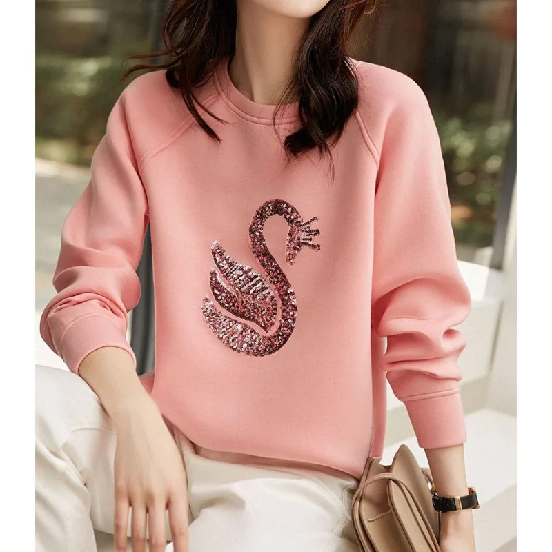 Fashion Women's Sequined Spliced Solid Pullovers Autumn Winter Korean All-match Round Neck Loose Sweatshirts Female Clothing