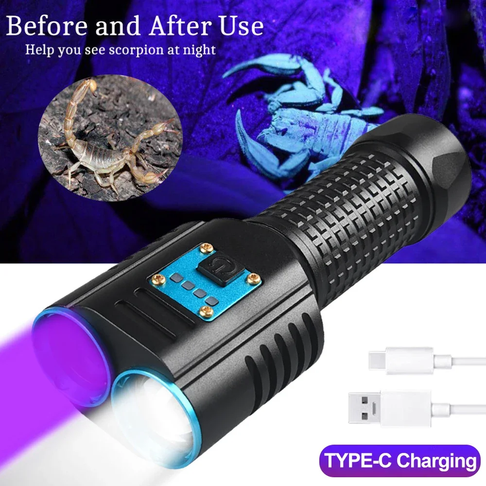 

2-in-1 LED Flashlight White+365nm UV Black Light Lantern Rechargeable Pet Stain Detection Lamp Multifunctional Tactical Torch