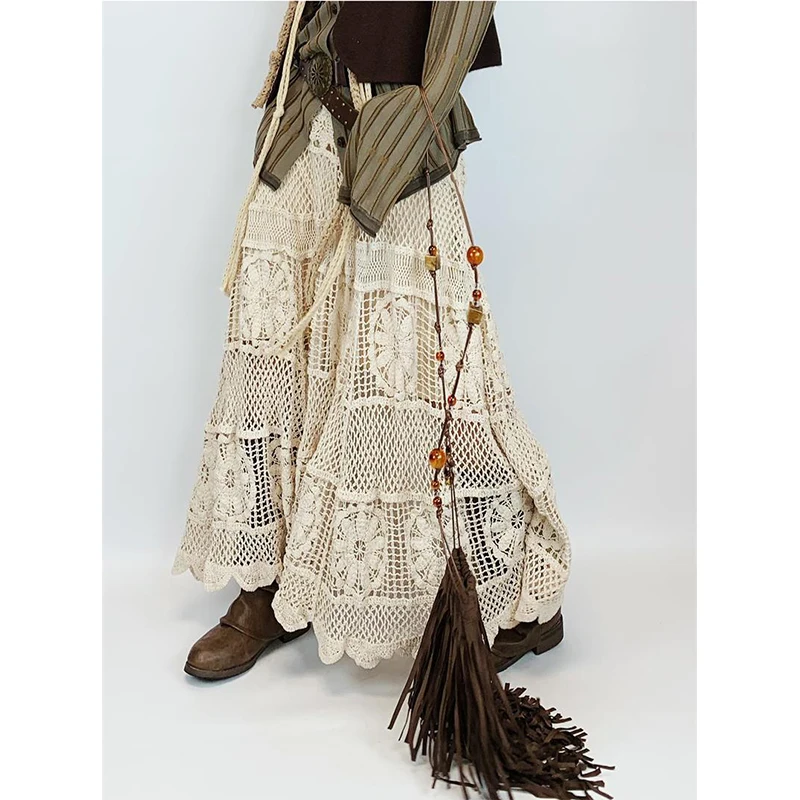 Vintage Long Skirt Women Elegant Boho Beach Hollow Out Maxi Skirts Summer Y2K Aesthetic Korean High Waist Crochet Casual Faldas