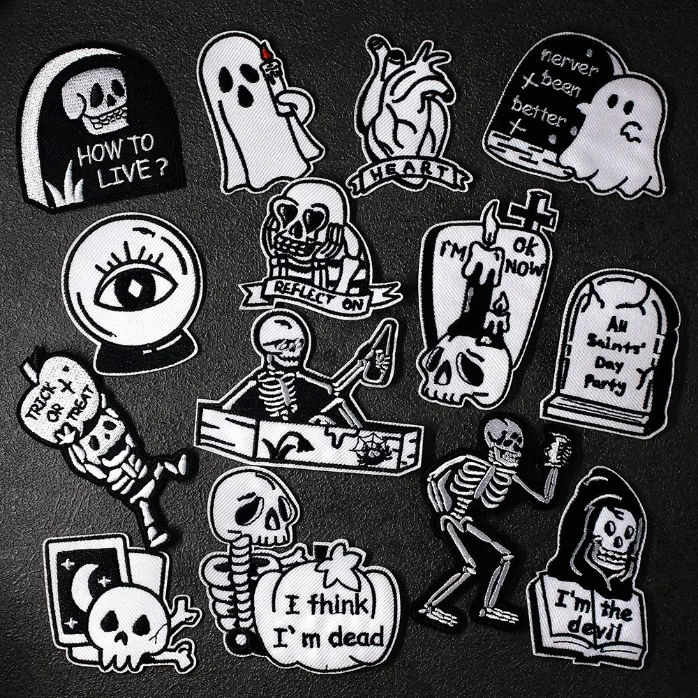 14Pcs/Lot Skull Patches Embroidery Applique Ironing Clothing Sewing Supplies Decorative Badges Balck White