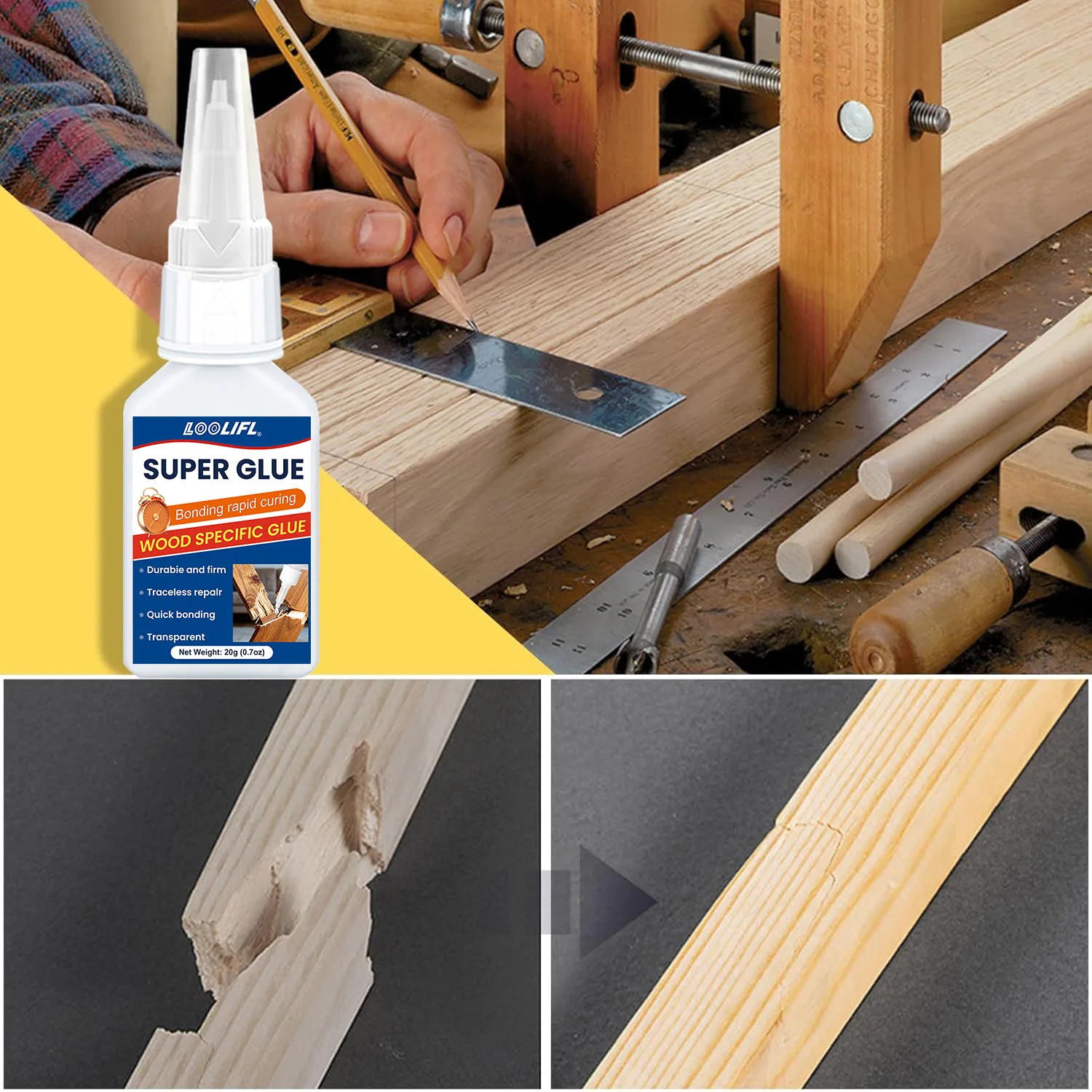 20g adhesivo transparente para la reparación de muebles - adhesivo súper instantáneo, pegamento pesado, adecuado para proyectos de madera de bricolaje