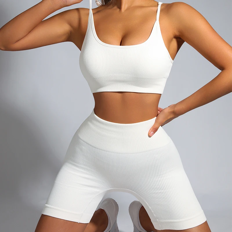 Women's Tracksuit White Ribbed Yoga Sets Shorts Seamless Sports Suits for Fitness Outfit Workout Clothes Gym Sportswear Female