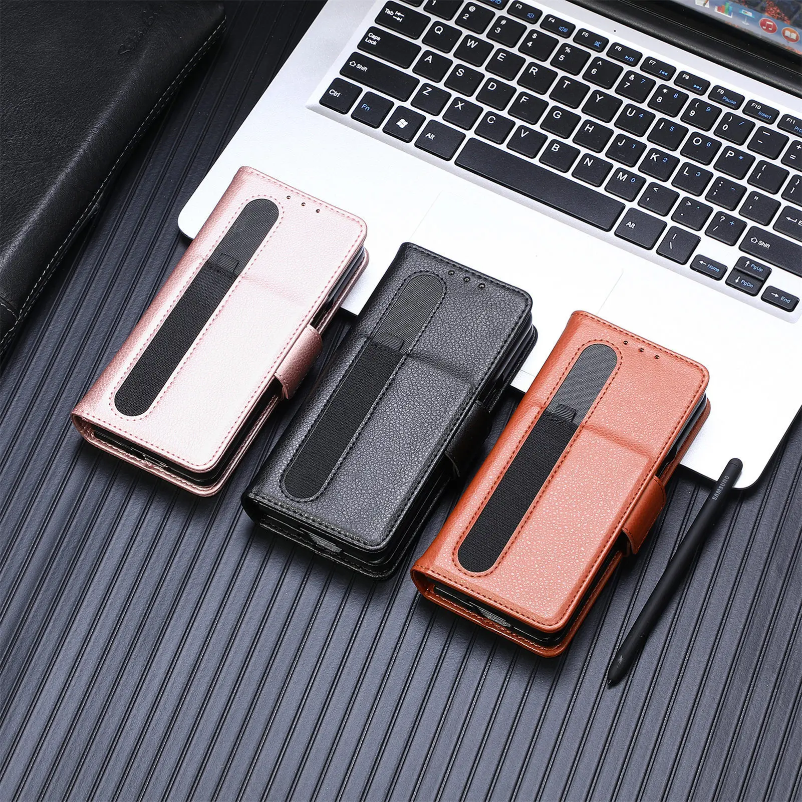 Business Solid Colour Phone Leather Case For Samsung Galaxy Z Fold 5 4 3 Pen Pouch Multi Insert Card Slot Flip Protective Cover