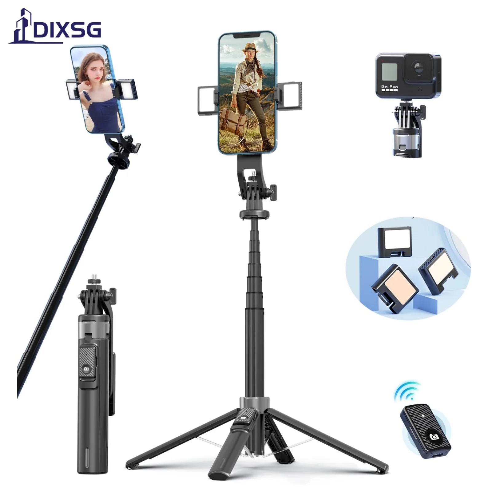 

DIXSG 360 Degree Adjustable Gopro Selfie Stick Tripod with Remote 1.35m Portable Tripod Suitable for Selfies and Live Broadcasts