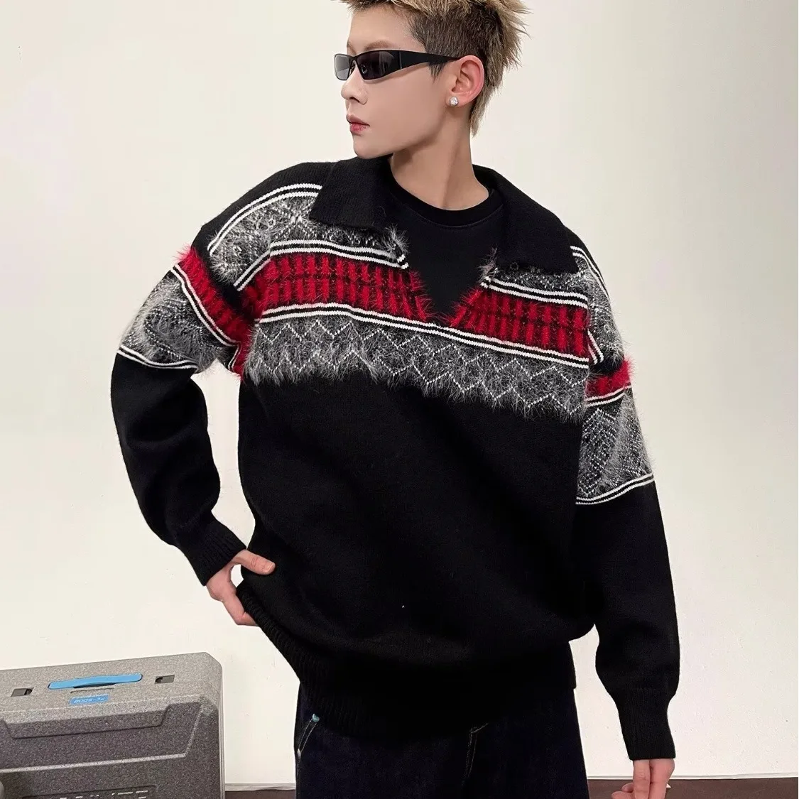 

Мужской вязаный свитер, повседневный фланелевой трикотаж, модный осенне-зимний теплый цветной воротник, повседневный пуловер