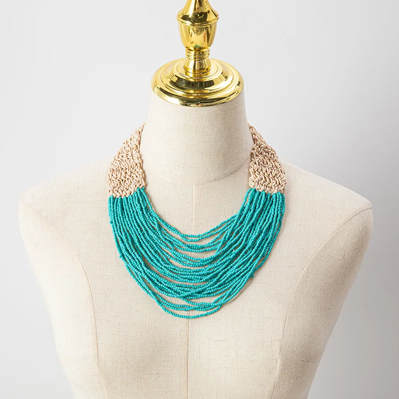 Beaded necklace Colour Originality Multilayer Hand knitting Bohemia Adjustable Tide Simple Retro Rice bead necklace