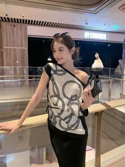 Damskie bluzki letnie z temperamentem, odzież damska, bluzki z odkrytymi ramionami, nieregularne koszule, luźne koszule z nadrukiem, asymetryczny kołnierzyk, seksowne camisas de mujer