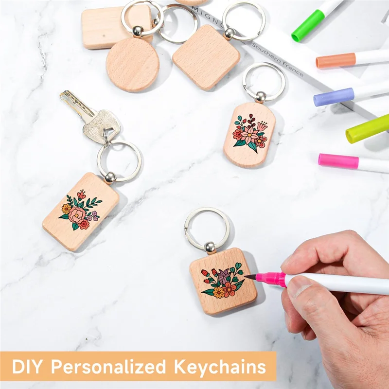 AB06 Wooden Keychain Blanks, 32Pcs Wood Engraving Blanks Key Chain Bulk Unfinished Wooden Keychain Key Ring Key Tag DIY Craft