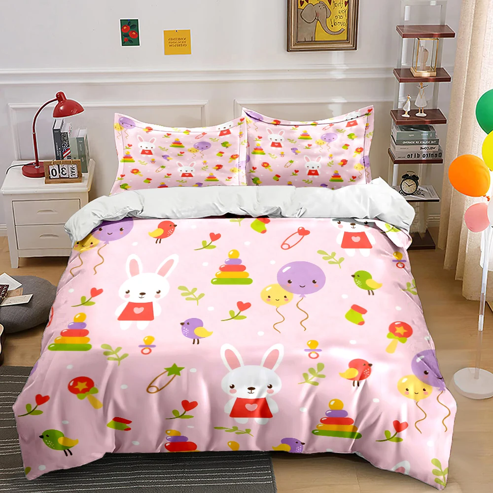 

Cute Bunny and Cartoon Elements Pattern Bedding Set 1 Duvet Cover 2 Pillowcases for Adult and Children Luxury Gift Full Size