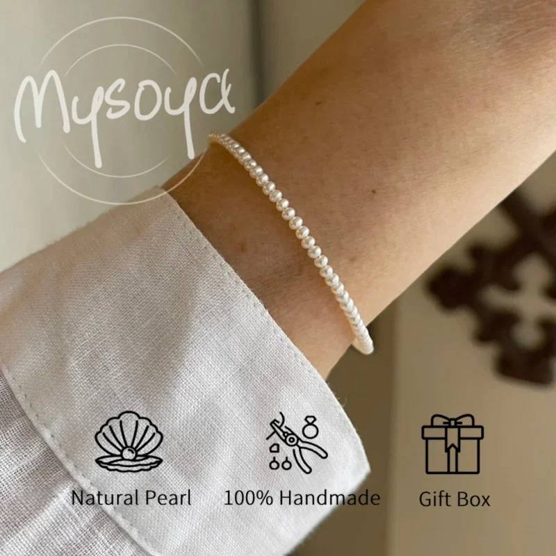 

MYSOYA 3-4mm Natural White Freshwater Pearl Bracelet For Women And Men With Gift Box Birthday Wedding Anniversary Jewelry Gift