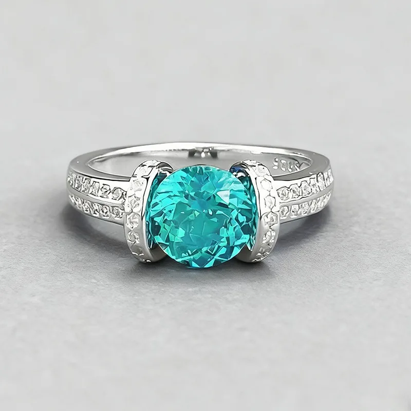 

925 Sterling Silver Round 7 MM Paraiba Tourmaline High Carbon Diamond Wedding Engagement Ring for Women Fine Jewelry