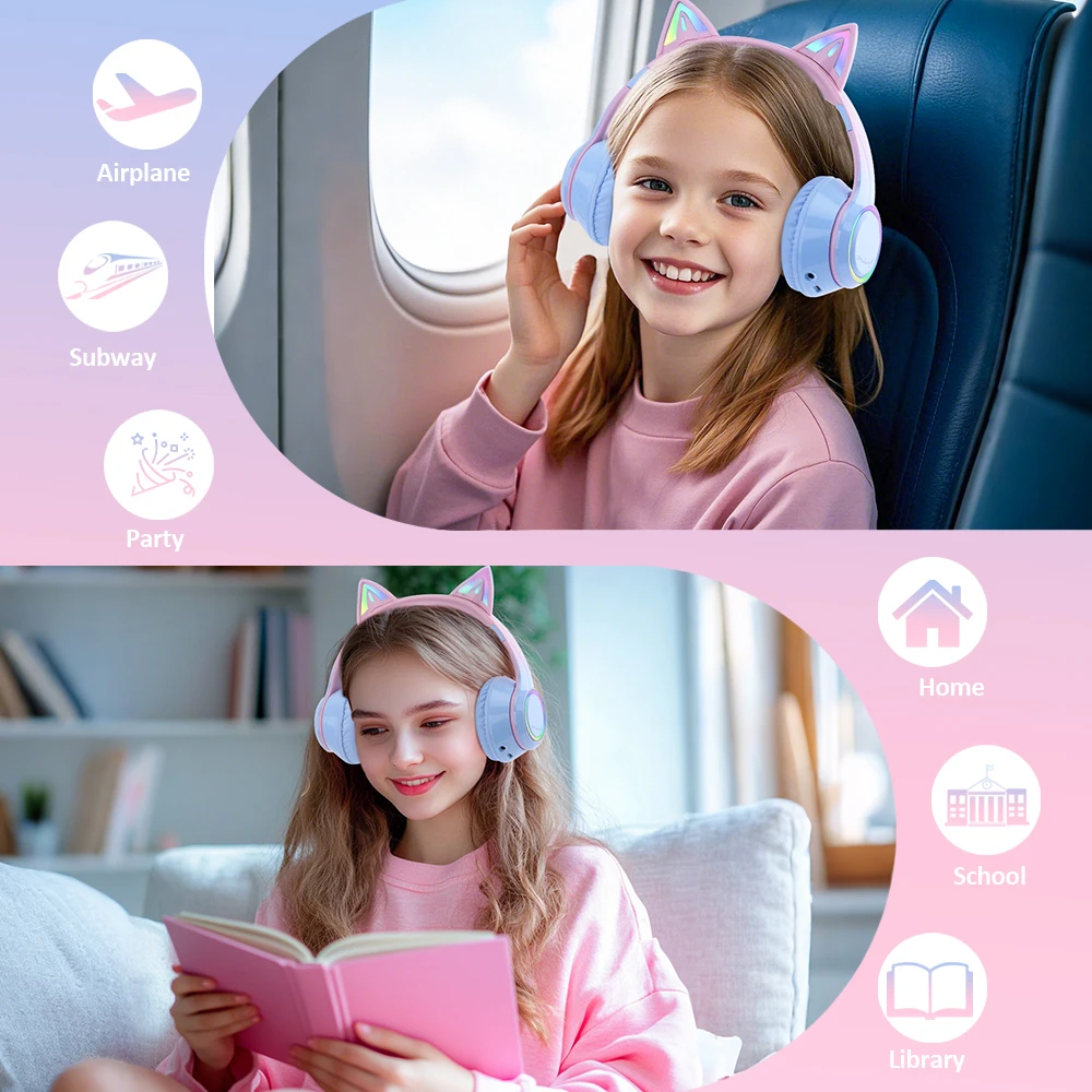 หูฟังไร้สายไล่โทนสี RGB หูแมวหูฟังบลูทูธพร้อมไมโครโฟนสเตอริโอเพลงเกมหูฟังสําหรับเด็กผู้หญิงของขวัญ