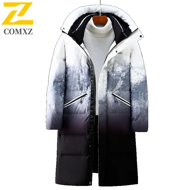COMXZ Men Padding Coat Gradient Long Korean Fashion Ski Snow Warm Loose Travel Padded Jacket High Quality Street Winter Jackets