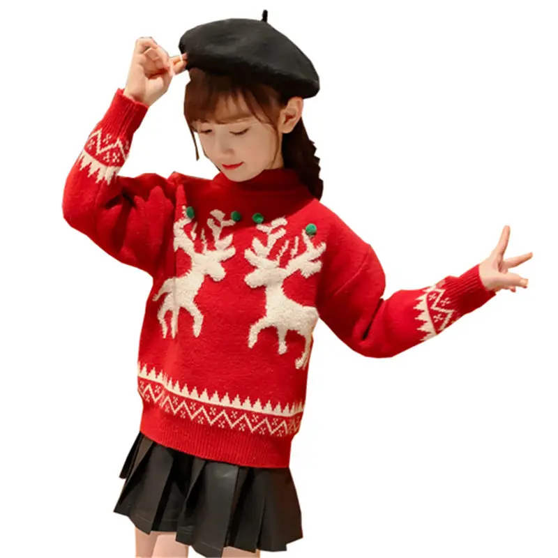 

Children Christmas Sweater Costume for Girls New Year Sweater with Deer Knitted Clothes Kids Turtleneck Red Knitwear Age 4-13Y