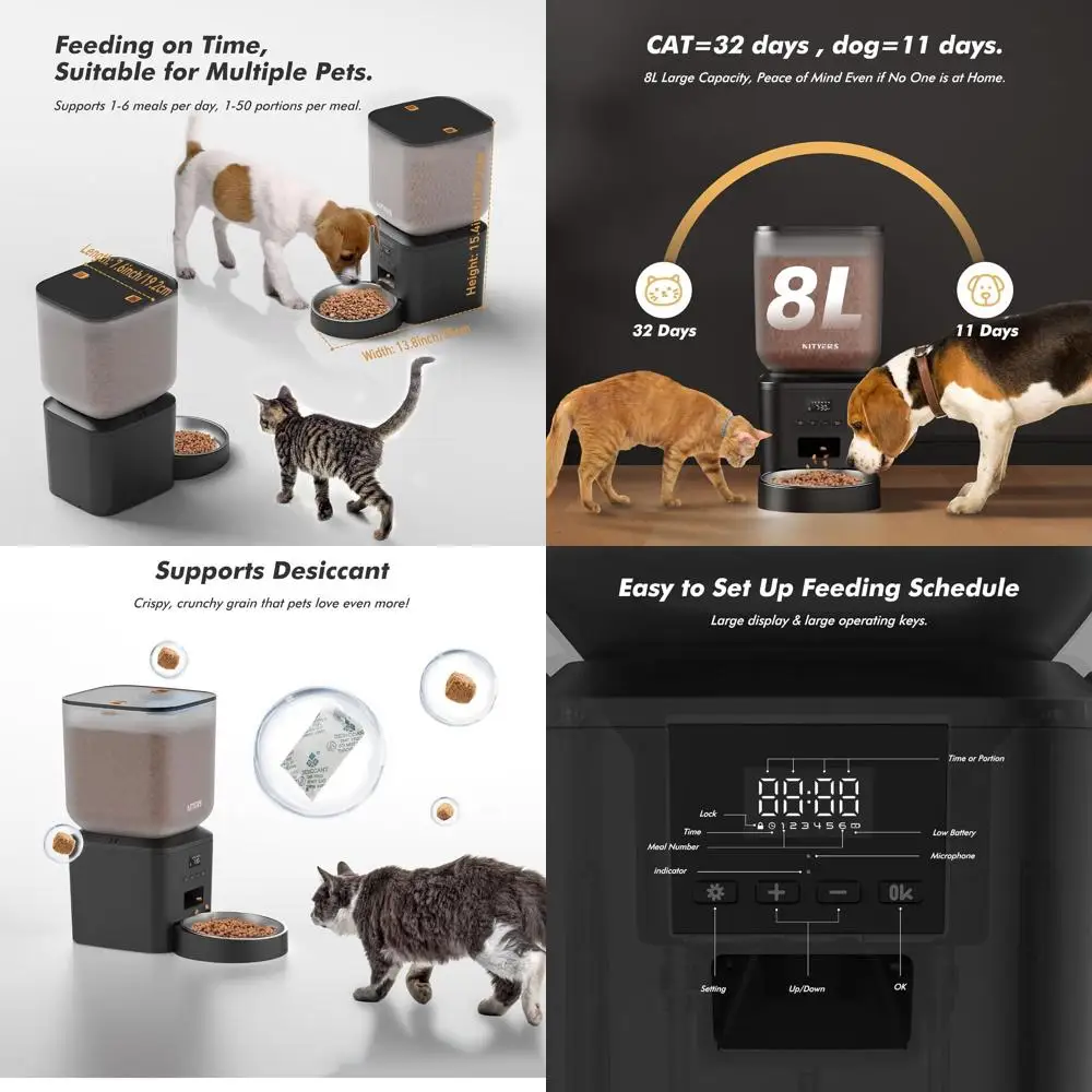 

Large Capacity Automatic Pet Food Dispenser, 8L/34 Cups, LCD Screen, Timed Feeding, Up to 50 Portions, 6 Meals Daily, Freshness