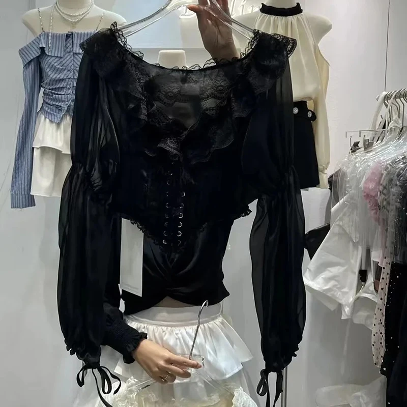 Blusa Elegante de Encaje con Parches para Mujer, Blusa de Gasa Transparente con Cordones en la Cintura, Estilo Princesa, Primavera-Otoño, Estilo Corte, Top Sexy