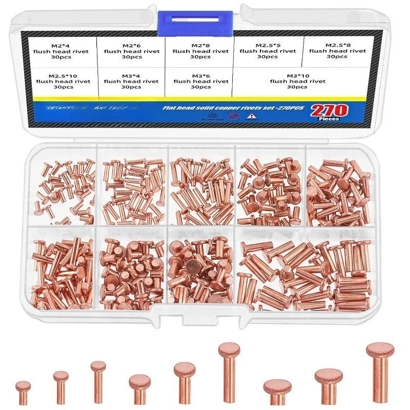 270Pcs Flat/Round Head Metal Solid Rivets Self Plugging Knock-on Rivet Copper Fasteners for Leather Working Supplies M2 M2.5 M3