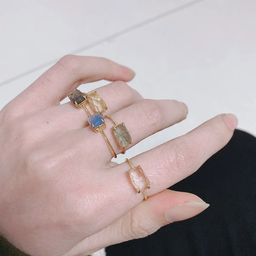 LAMOON Natural Rutilated Quartz Ring For Women Gemstone Rings 925 Silver 14K Light Gold Plated Fine Jewelry Simple Style LMRI155