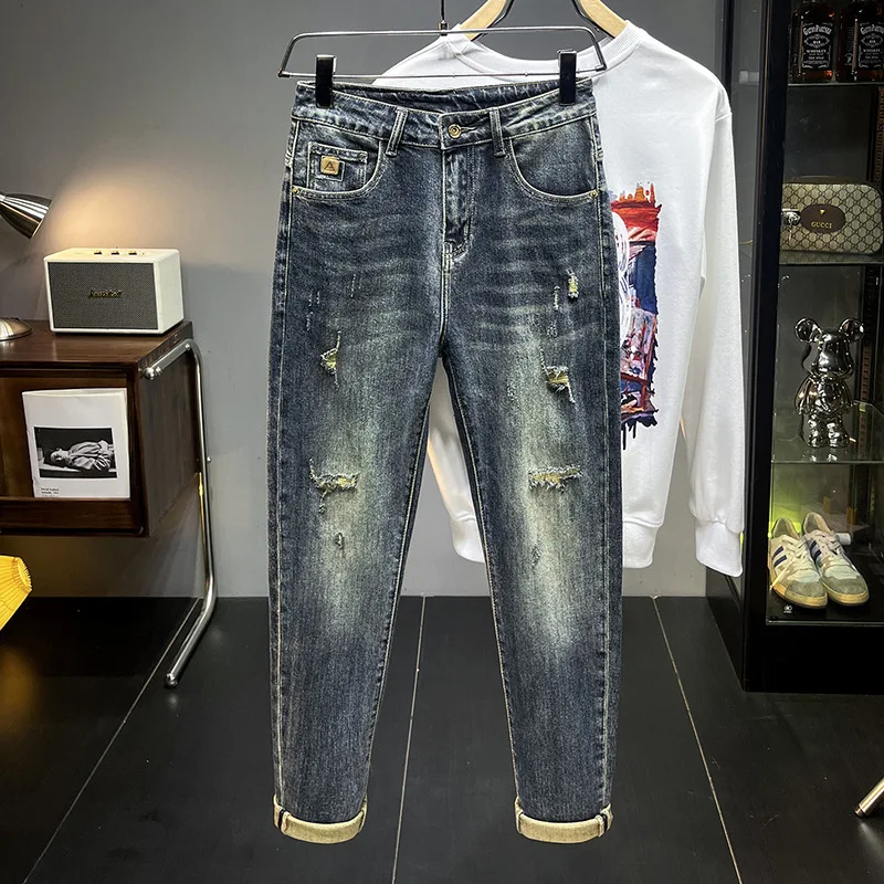 

Vintage Blue Jeans for Men 2024 New Autumn Street Trend Casual Tappered Stretch Slim Fit Ripped Pants