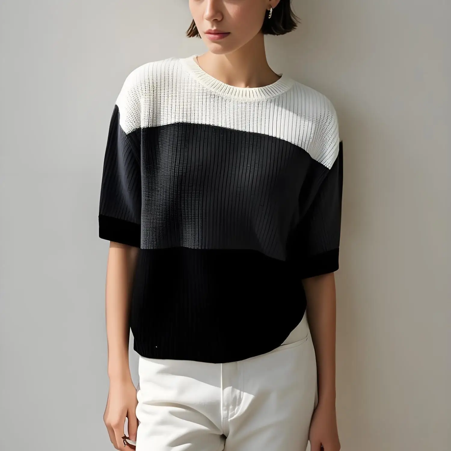 

Spring women's short-sleeved knitted crew neck sweater colorblock design casual fashion versatile comfortable street wear