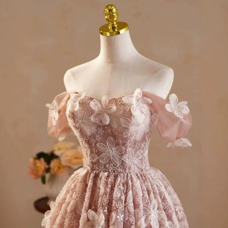 robe-de-princesse-courte-en-maille-retro-rose-motif-floral-tridimensionnel-pour-banquet-fete-d'anniversaire-hote-de-temperament-robe-de-soiree-personnalisee