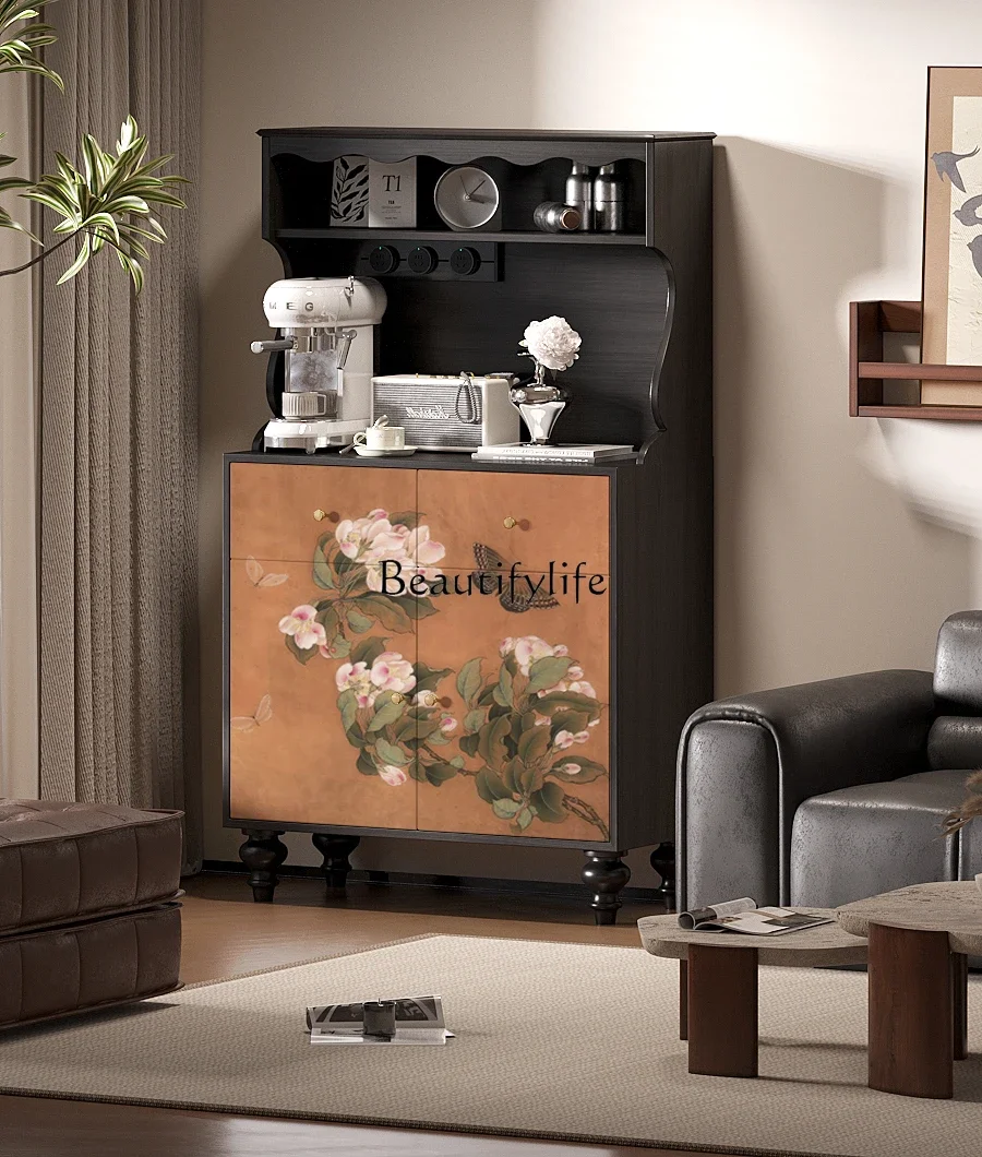 FGFrench retro style solid wood dining side cabinet integrated against the wall, installation-free locker