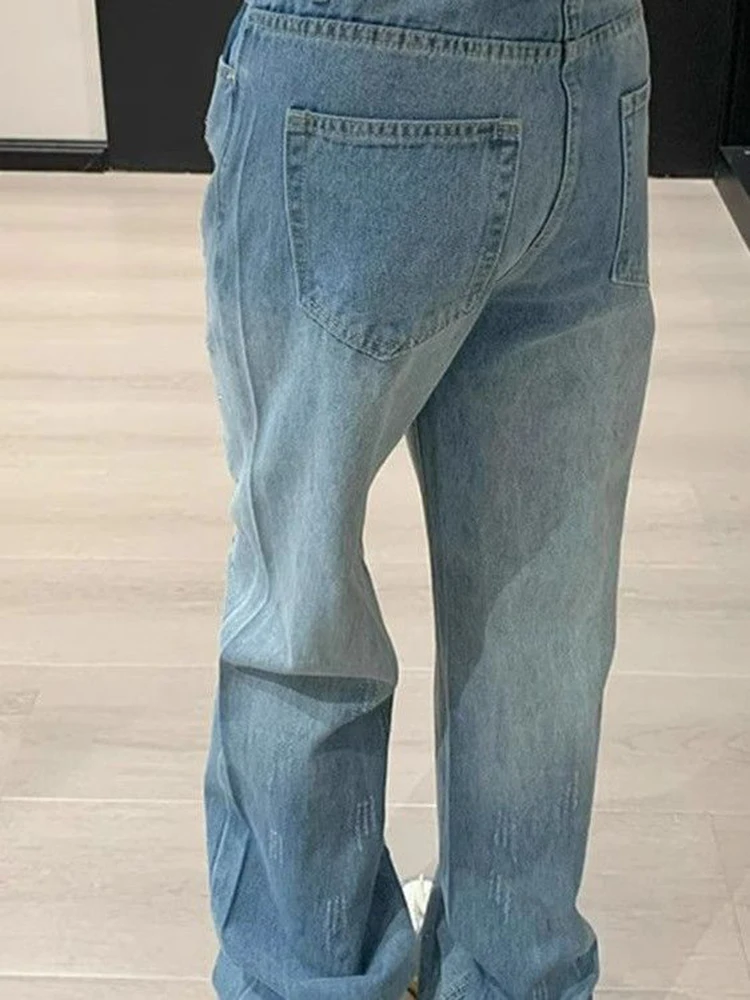 여성 한국 스타일 하이웨이스트 라인스톤 스트레이트 레그 진 레트로 슬림핏 스트레치 데님 팬츠 가을 스트릿웨어