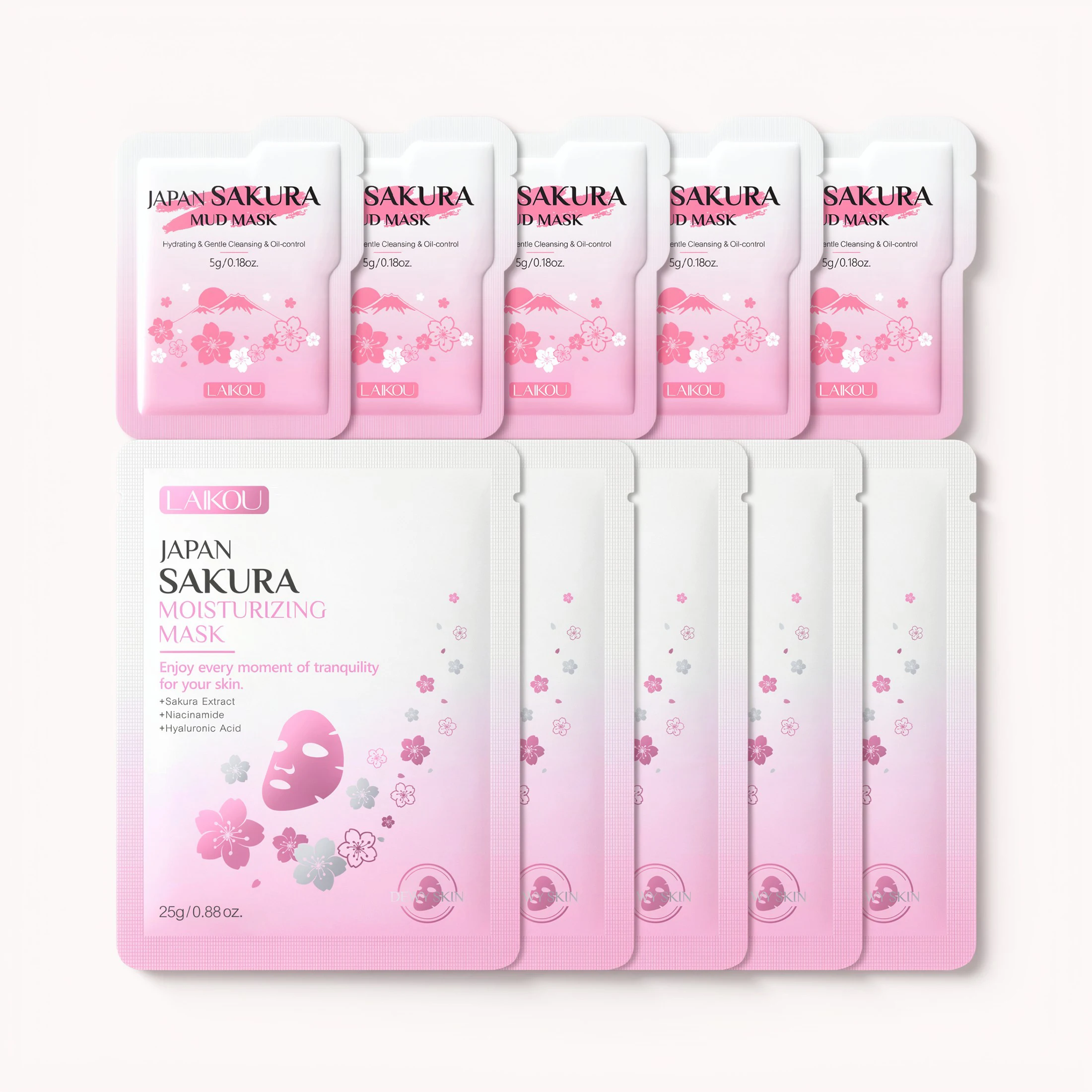 10Pcs LAIKOU Sakura Facial Mask Set, 5Pcs Hydrating Sheet Mask  5Pcs Sakura Mud Mask Deep Clean Moisturizing Skin Care Trial Kit