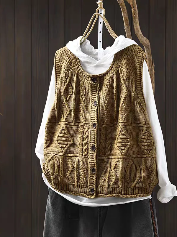 루즈핏 니트 솔리드 컬러 트위스트 니트 베스트 가디건 여성 캐주얼 라운드넥 싱글 버튼 봄 가을 아우터