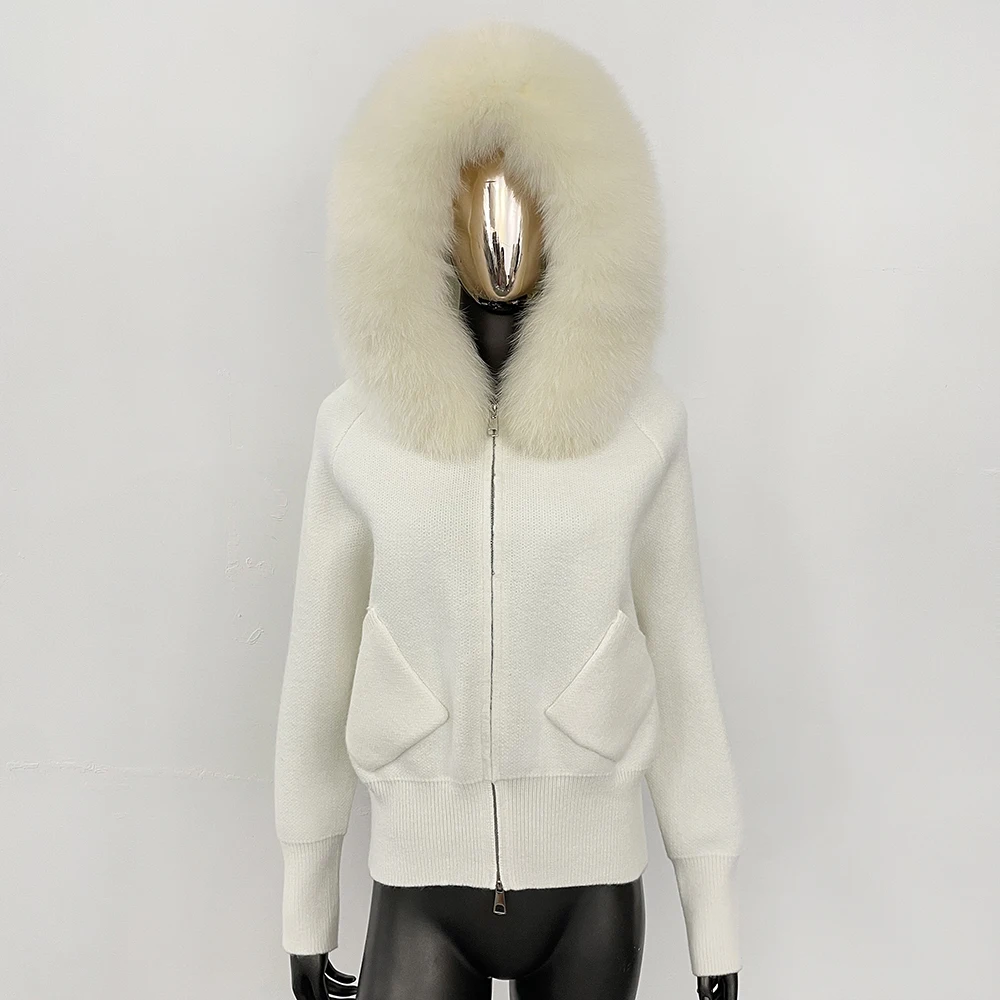 Autumn Winter Clothes Female Hooded Big Knitted Jacket Natural Real Fox Fur Collar Reality Fur Coat Fashion Women Short Cardigan
