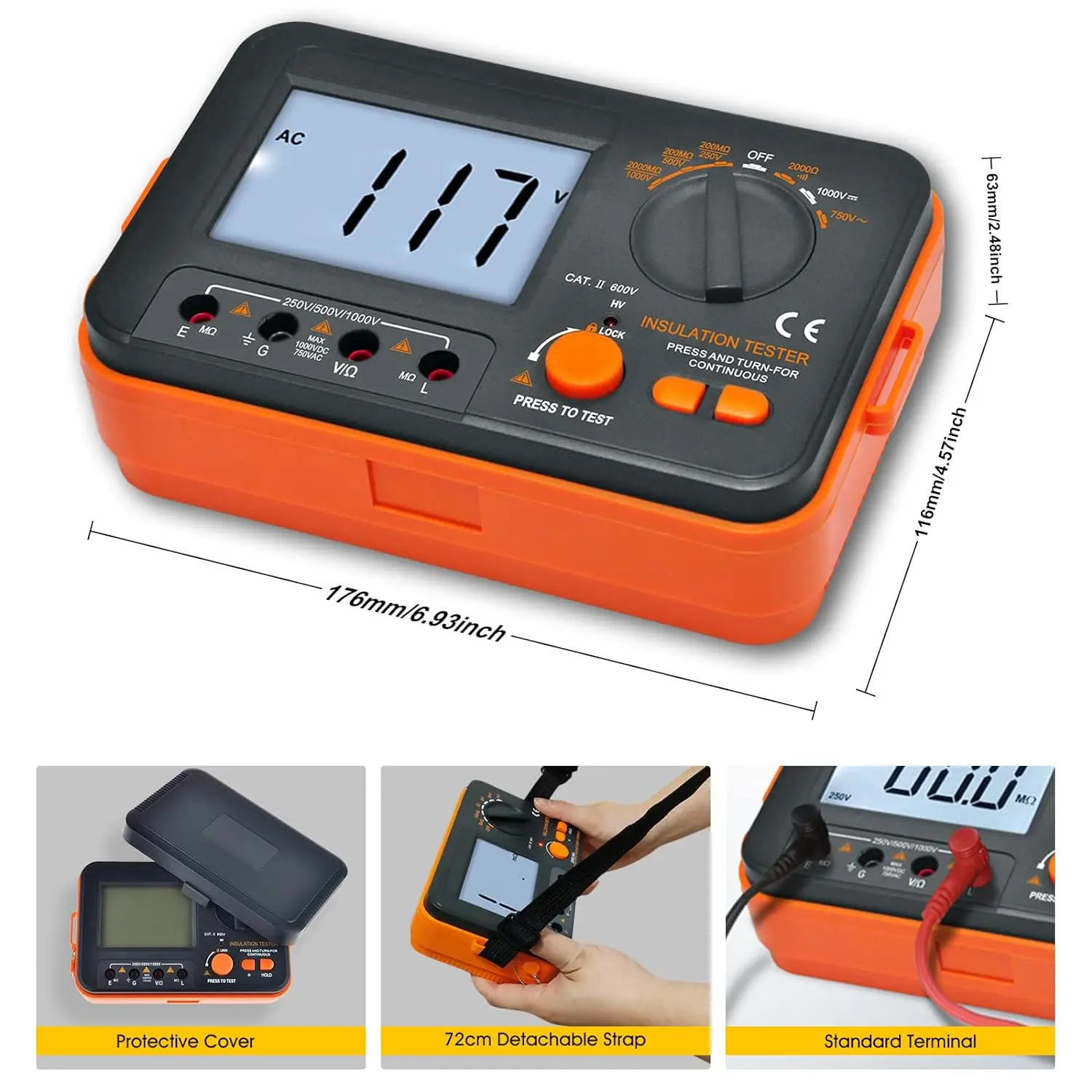 Digital Insulation Resistance Tester DCV ACV Megohm Meter DC250/500/1000V AC750V High Voltage With Short Circuit Input Alarm