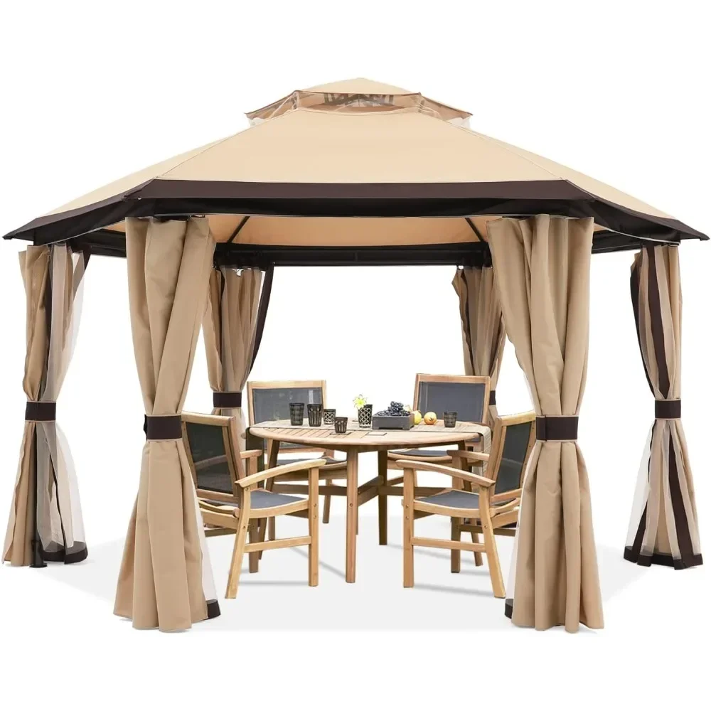 

10'x10' Gazebos for Patios Outdoor Hexagonal Gazebo with Netting and Privacy CurtainsBeigeexcellent design Comfortable pavilion