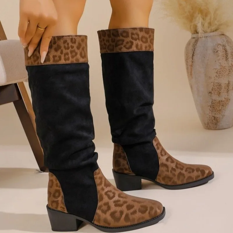 

2025 NEW Plus Size Leopard Knee High Boots Women's 2025 Autumn Pointed Toe British Style Pleated Fashion Boot