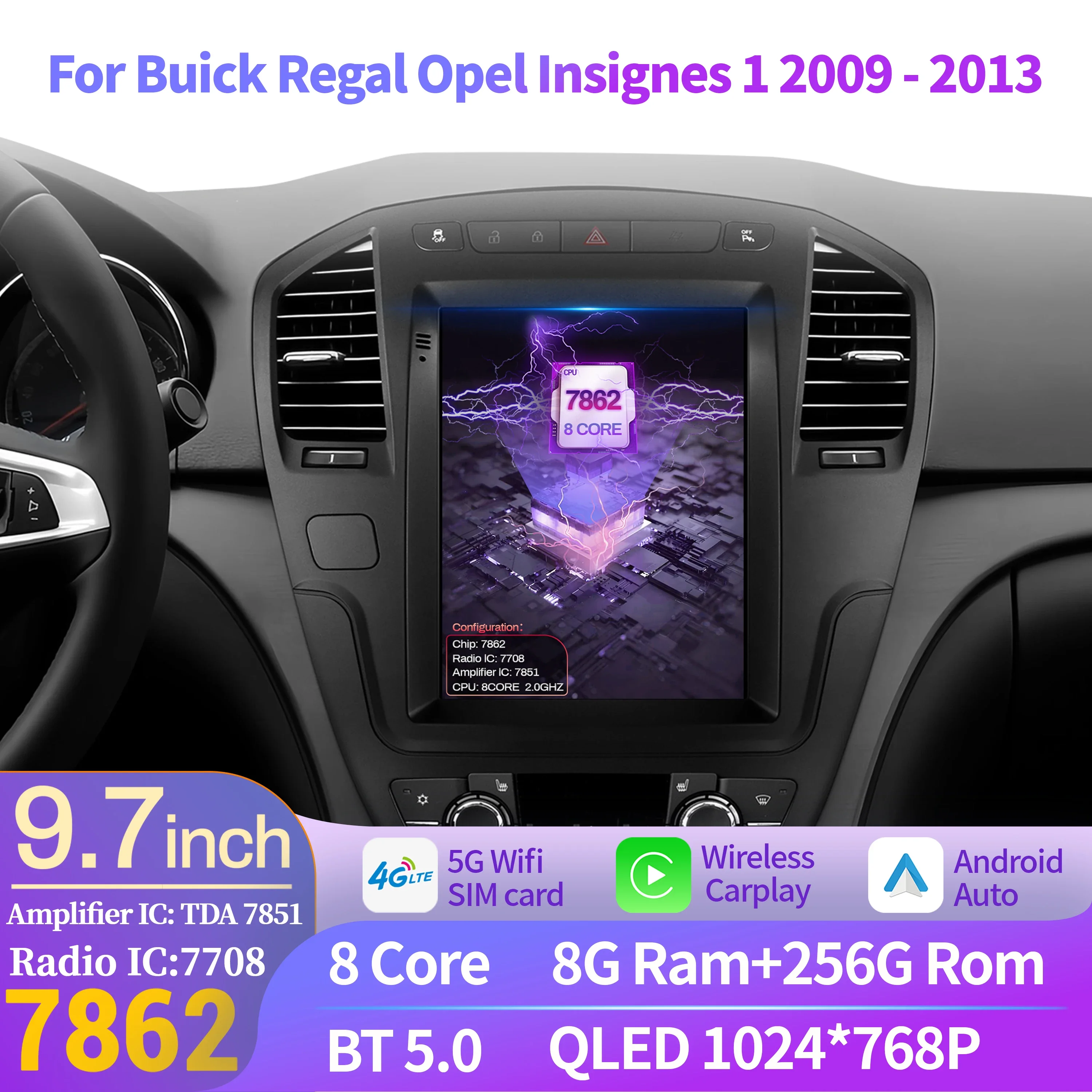 

9.7inch For Buick Regal Opel Insignes 1 2009-2013 Android 14 Radio Car Radio Carplay Multimedia Navigation Head Unit QLED Screen