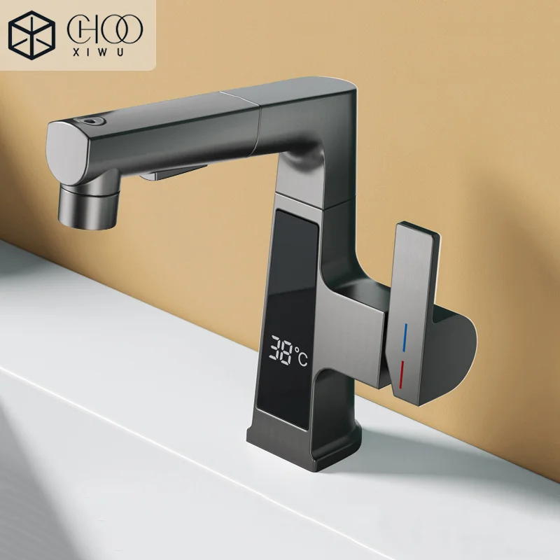 

Bathroom single hole pull-out basin copper faucet Intelligent digital display, hydropower generation, ceramic valve core